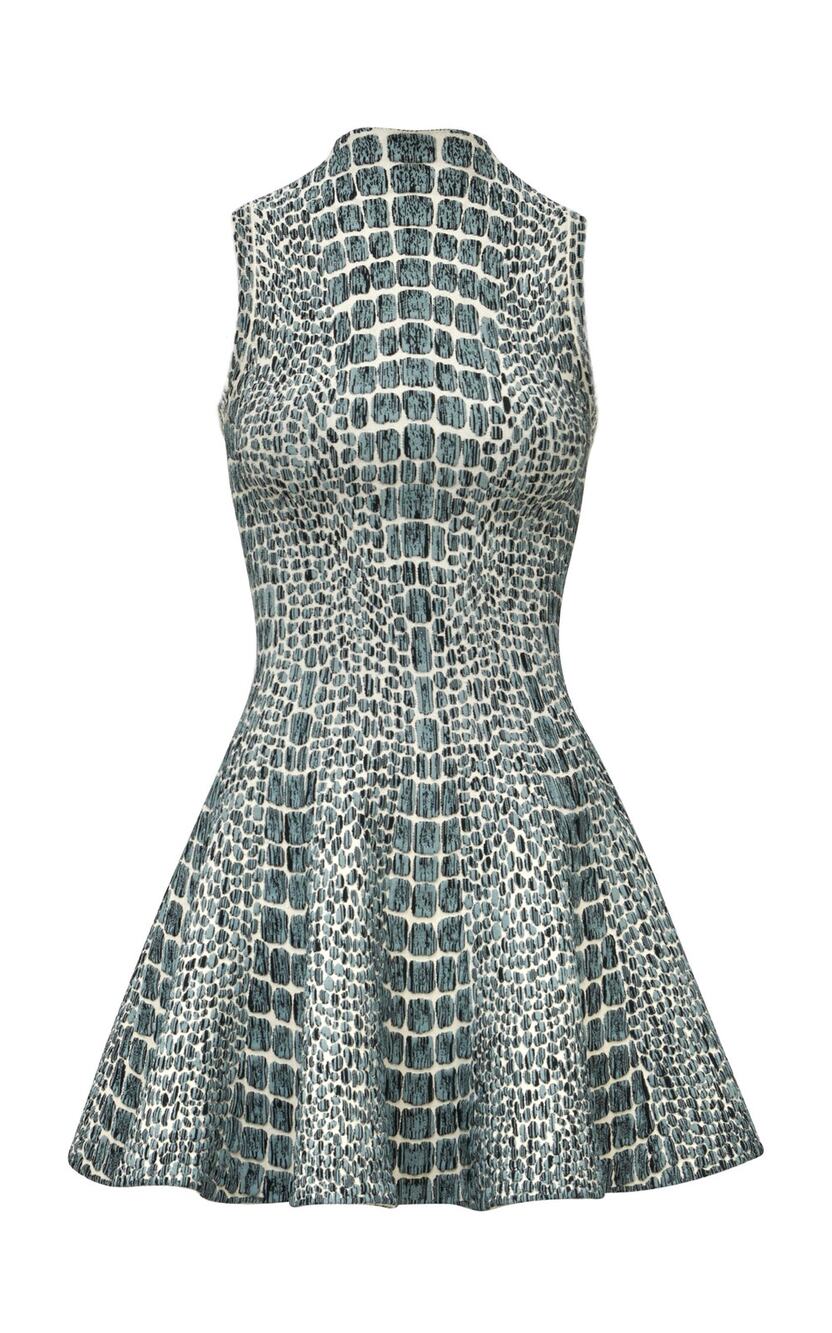 Alaia Sculpted Blue Crocodile Jacquard Skater Dress Size FR 36 / US 4